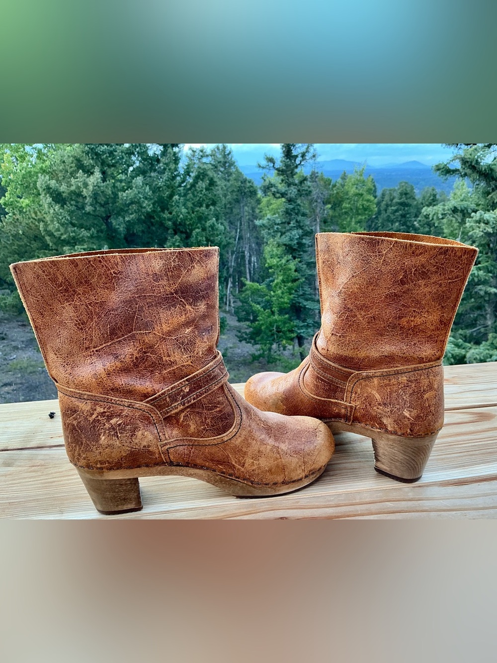 Sanita Distressed Brown Leather Wood Heel Buckle Boots Boho Clog Size 8 New - Picture 5 of 16